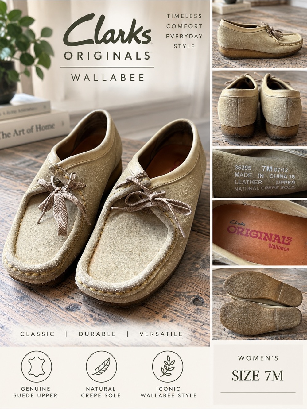 Clarks Originals Wallabee Women’s 7M Beige Suede Leather Crepe Sole Shoes
